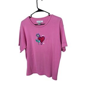 Carolyn Taylor Essentials Pink Short Sleeve‎ Embroidered Heart Flower T Shirt XL